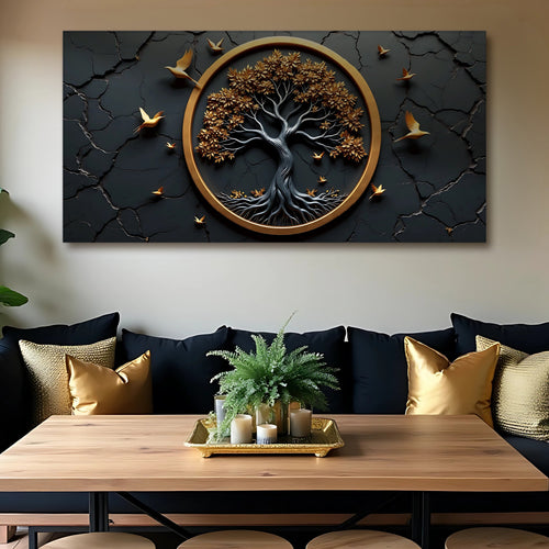 Landscape wall art canvas showing Tree of Life in a gold ring with small birds on dark backdrop