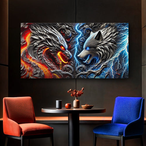 Landscape wall art featuring a red dragon face and a blue wolf face with electric flames