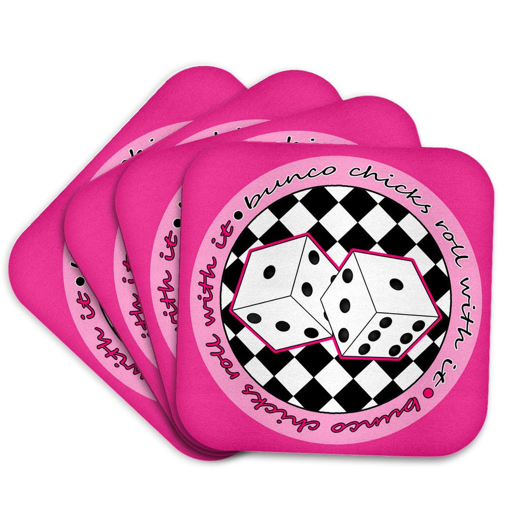 3dRose Janna Salak Designs Bunco - Bunco Chicks Roll With It Pink - Coasters (cst_28502)