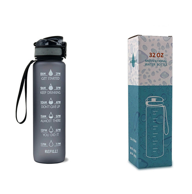 1L motivational time-marker water bottle with bounce cover, black color, carry loop