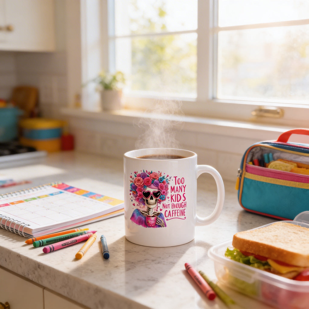 White ceramic coffee mug with floral crown skull graphic and pink “Not Enough Caffeine” text.