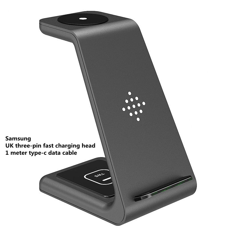 Black wireless charging stand dock with phone cradle and dual charging pads, LED strip.