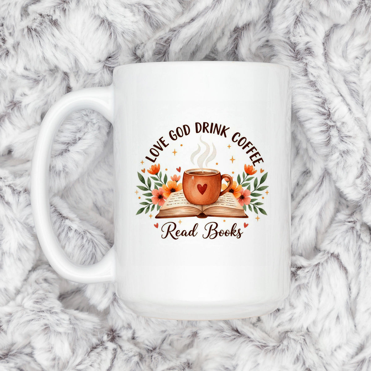 White coffee mug with floral wreath, heart cup, and 'Read Books' faith graphic