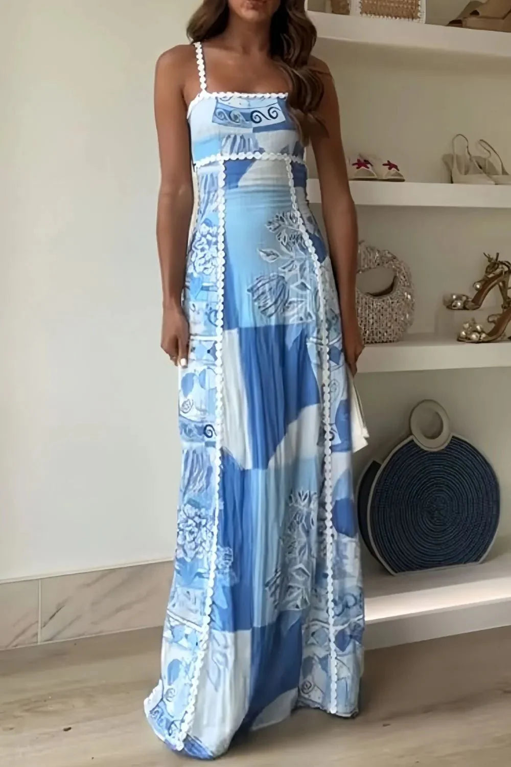 Geometric Print Cutout Back Square Neck Maxi Dress