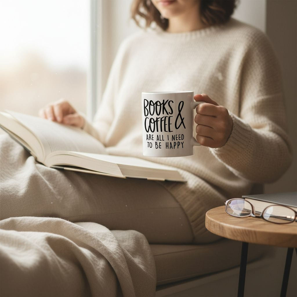 White ceramic mug showing 'BOOKS & COFFEE ARE ALL I NEED TO BE HAPPY'