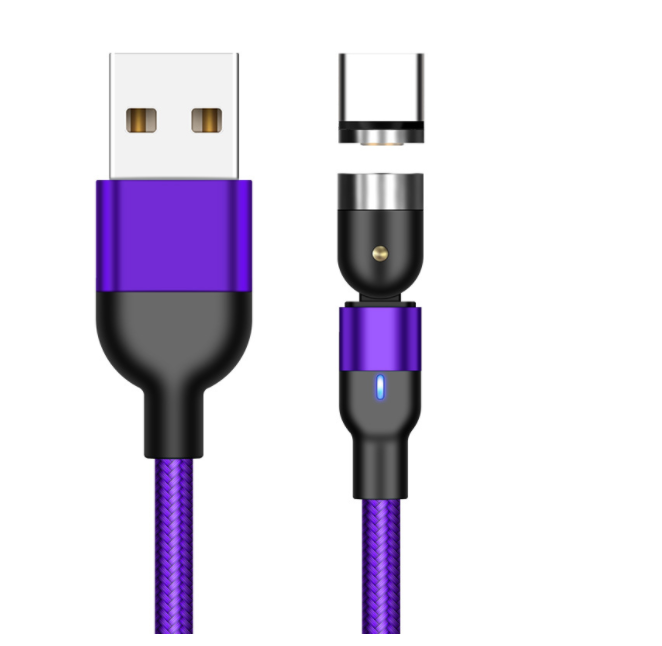 Purple magnetic charging cable set with USB-A connector and blue LED, rotating head