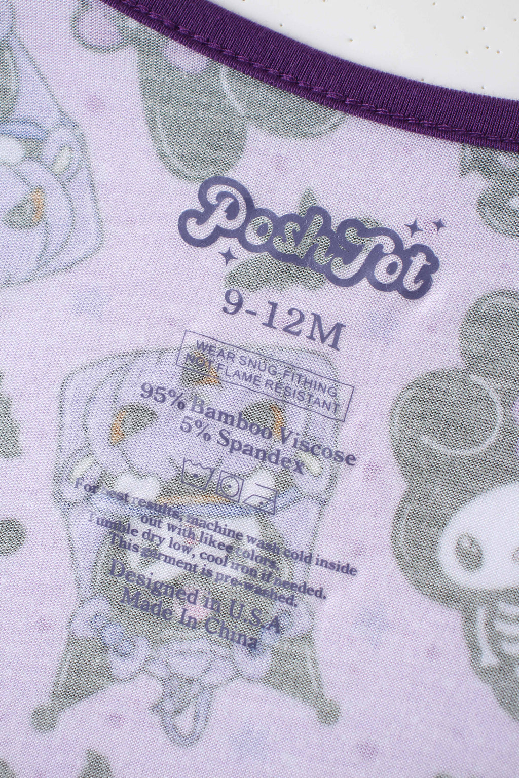 PoshTOT bamboo romper care label for 9-12M, 95% bamboo viscose blend