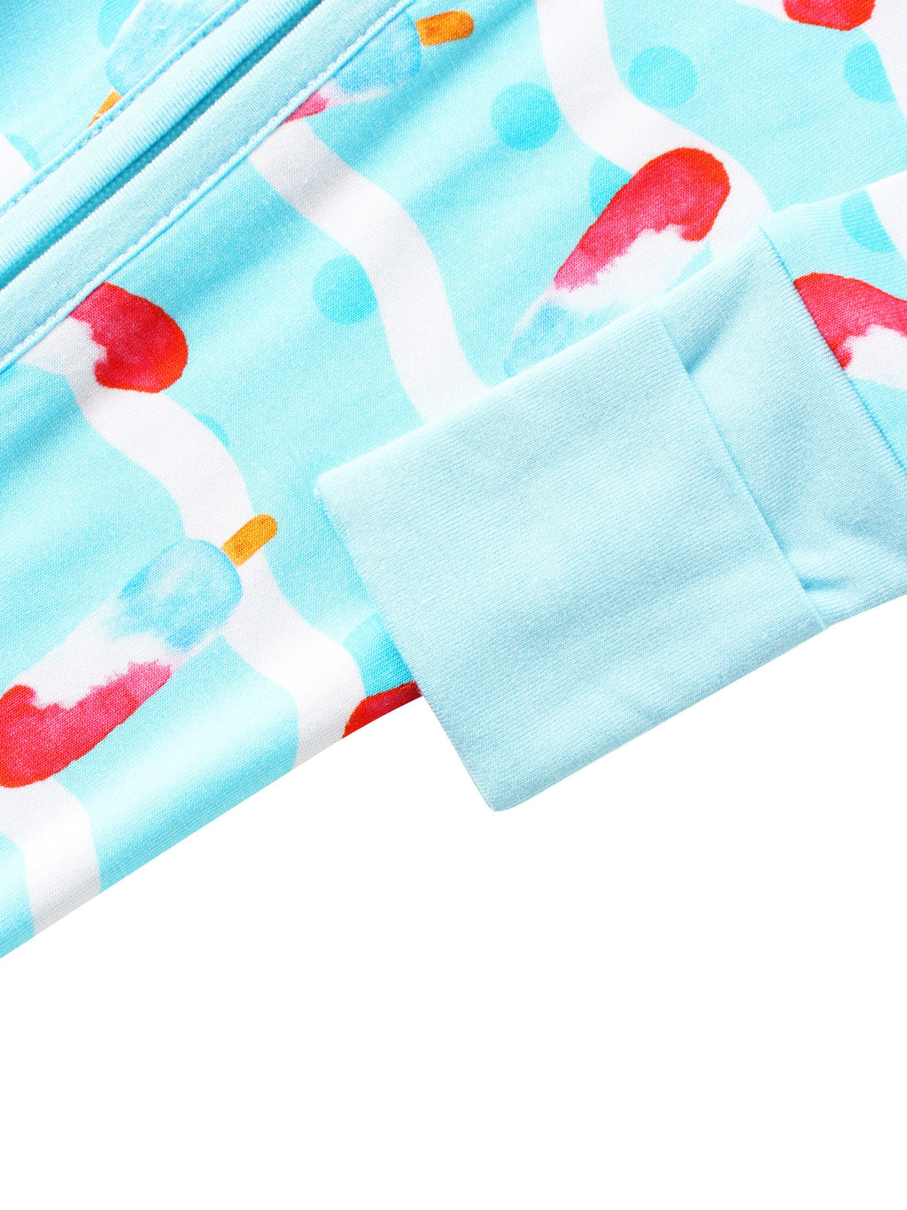PoshTOT bamboo baby romper fabric in light blue with red ice cream and white swirl print