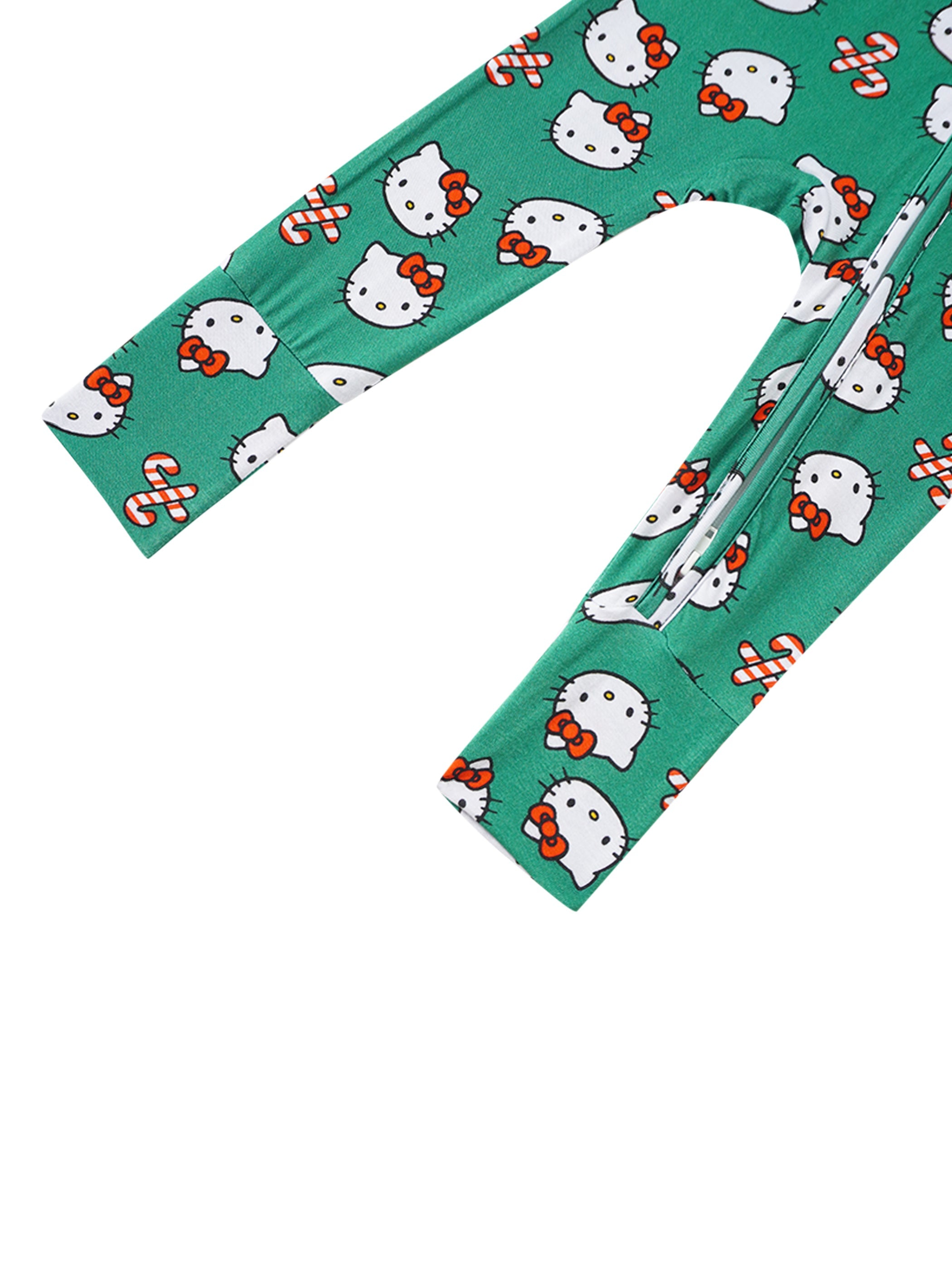 Green baby romper with long sleeves, ankle footies, and Hello Kitty allover print