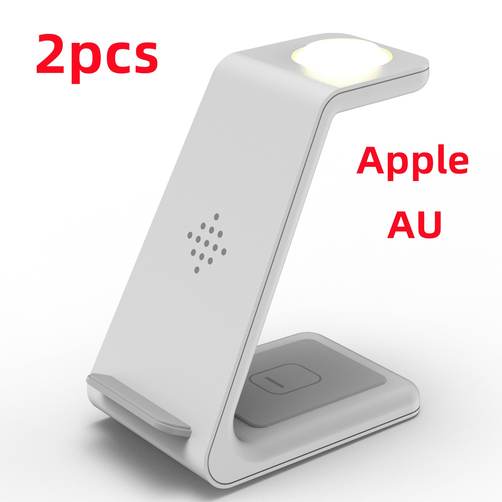 White wireless charger stand with phone holder and glowing top charging pad