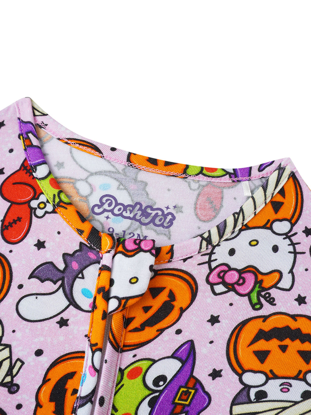 Baby romper neckline close-up, light lavender with Hello Kitty Halloween pumpkin print