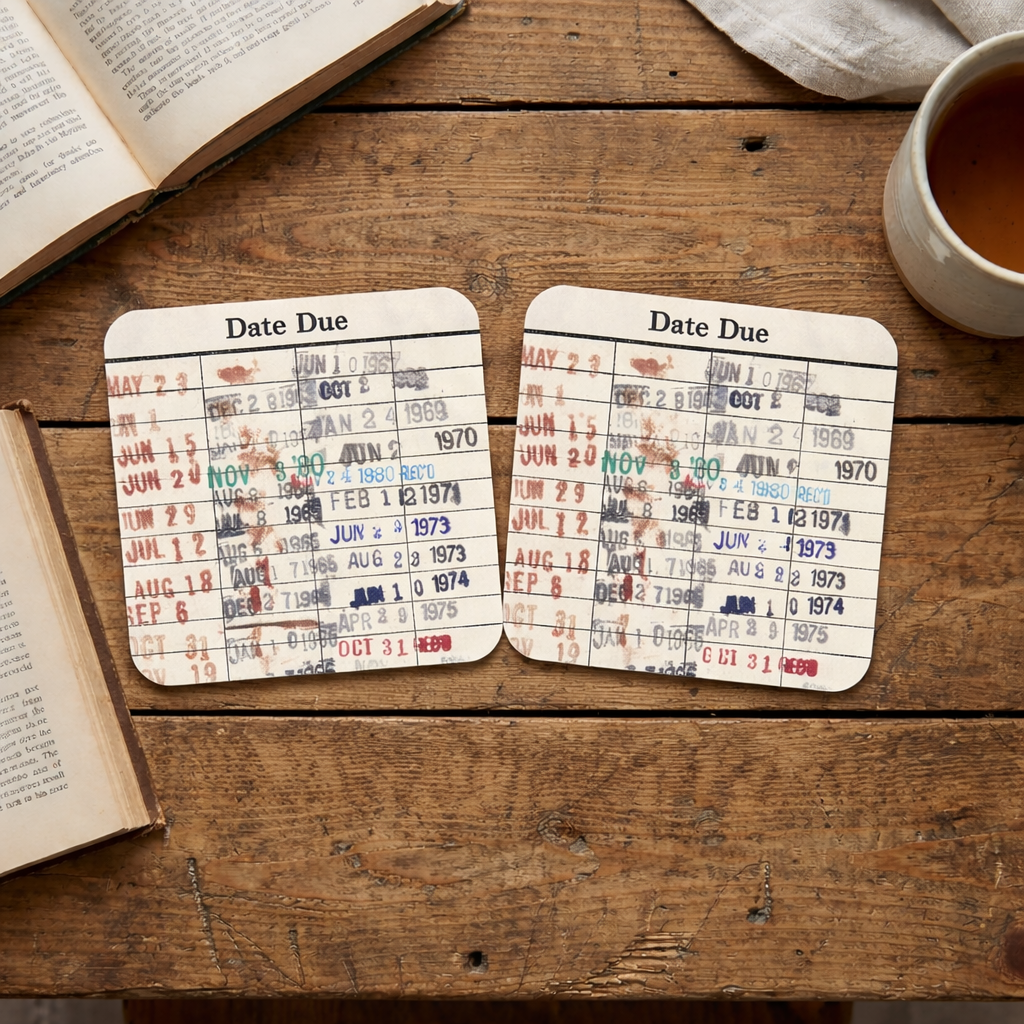Pair of library due-date coasters on wooden surface, showing Date Due grid and stamps.