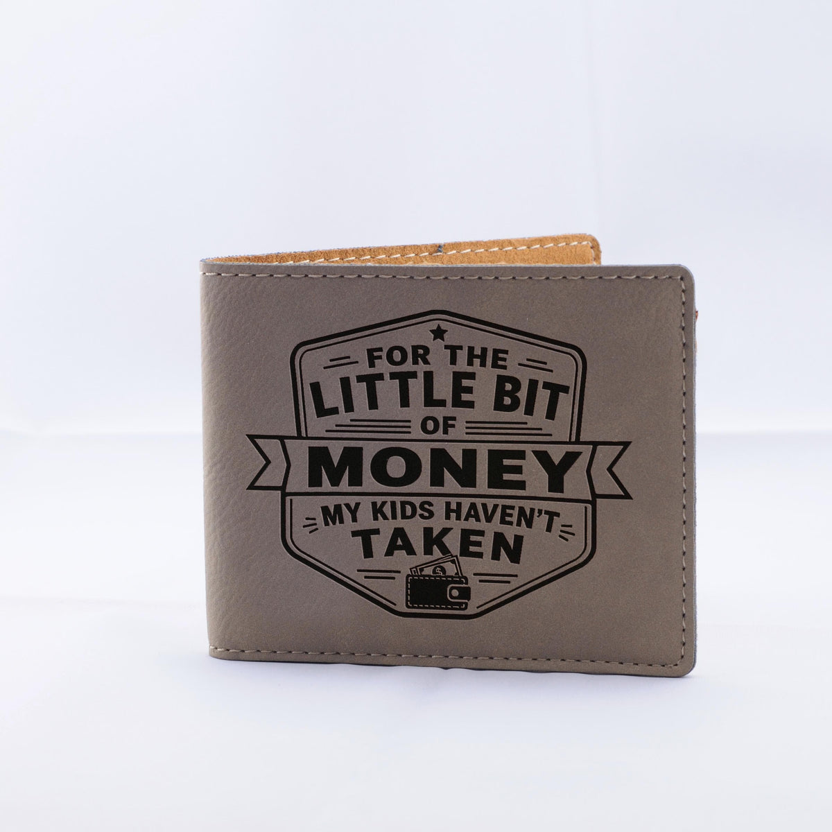 Gray leather bifold wallet with engraved “MONEY” badge and contrast top stitching