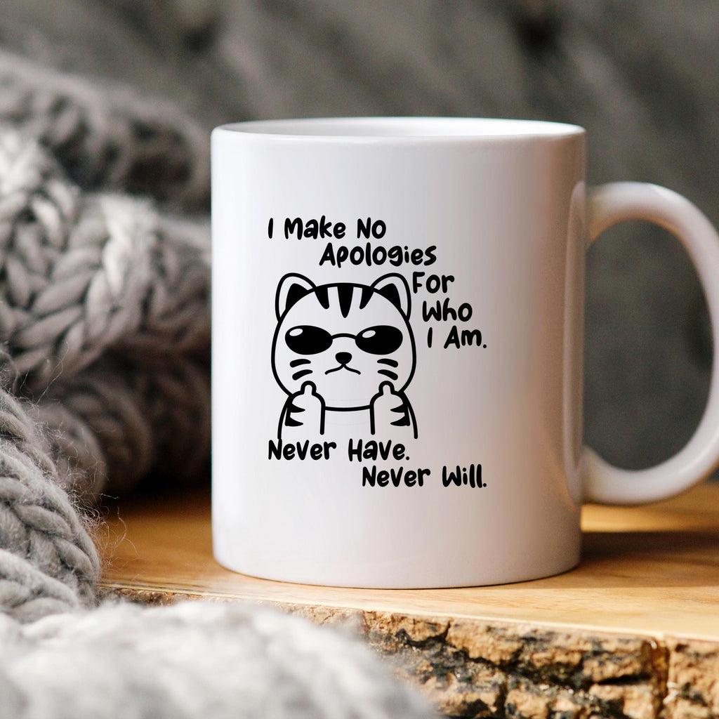 White ceramic coffee mug with black cat graphic and quote text: “Never Have. Never Will.”