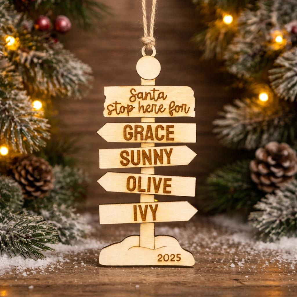Rustic wooden family Christmas signpost ornament engraved Santa and names Grace, Sunny, Ivy