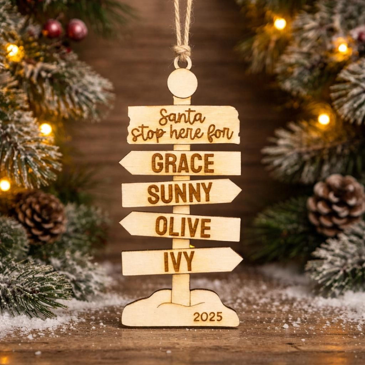 Rustic wooden family Christmas signpost ornament engraved Santa and names Grace, Sunny, Ivy