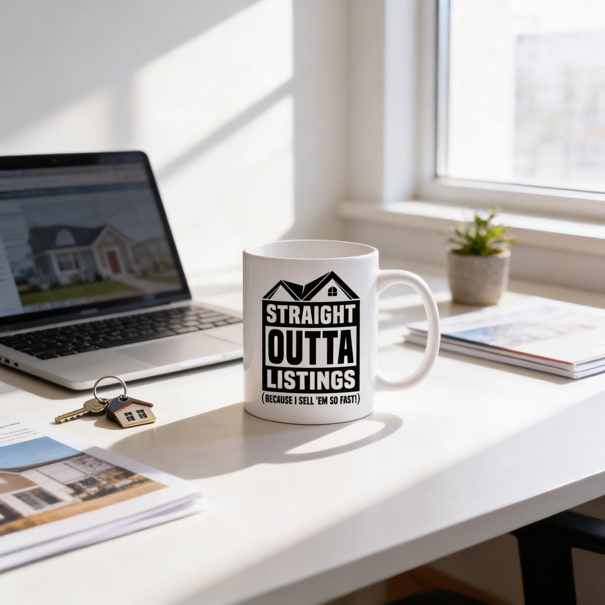 White ceramic mug with black “STRAIGHT OUTTA LISTINGS” text and house icon
