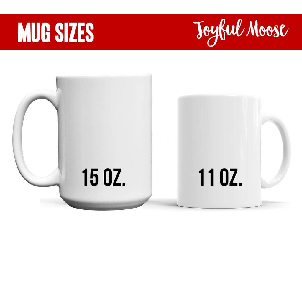 Mug size chart showing 15 oz and 11 oz white ceramic mugs