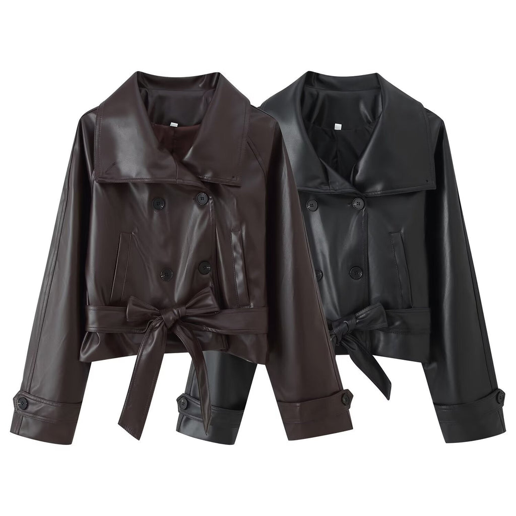 Trendy Wild Two-color Double Breasted Short Lace Up Leather Coat