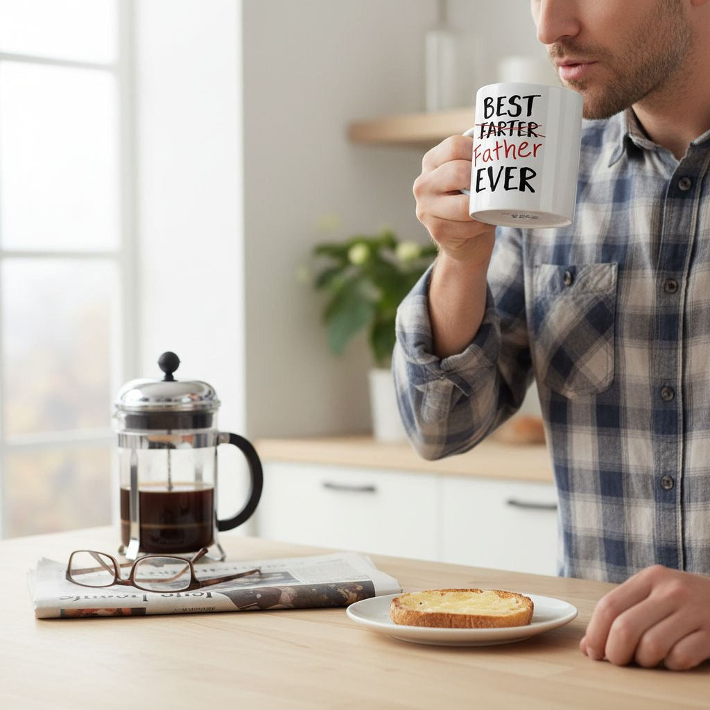 Person holding white coffee mug reading "BEST FARTER" "Father" "EVER"