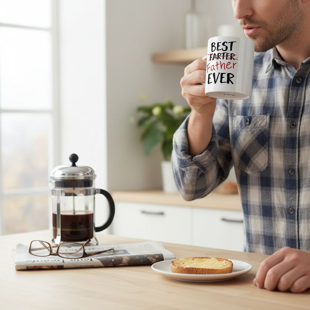 Person holding white coffee mug reading "BEST FARTER" "Father" "EVER"