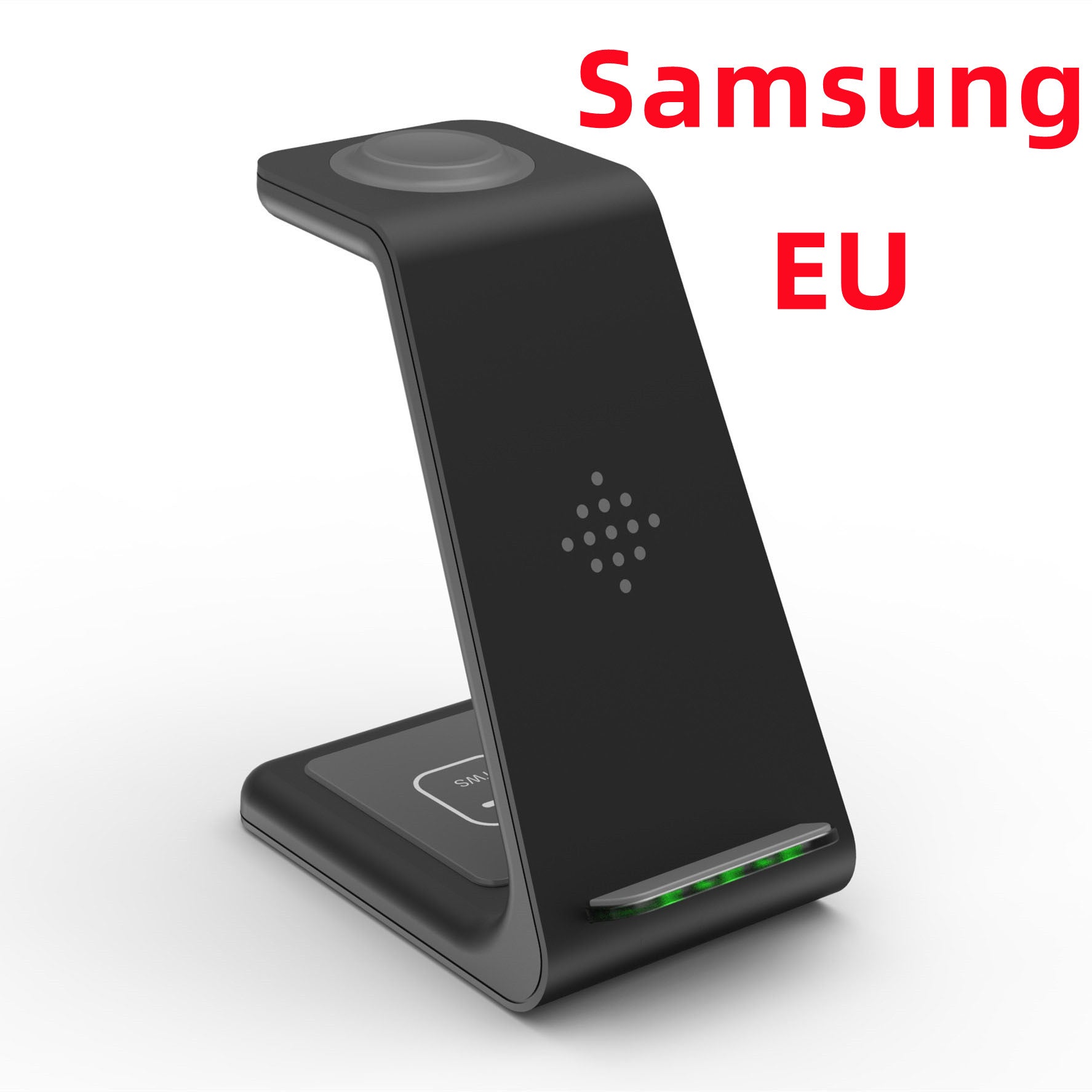 Black wireless charging stand dock with phone cradle and dual charging pads, LED strip.