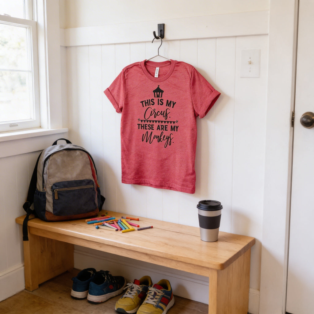 Maroon graphic T-shirt with circus monkey quote for mom, crew neck short sleeves
