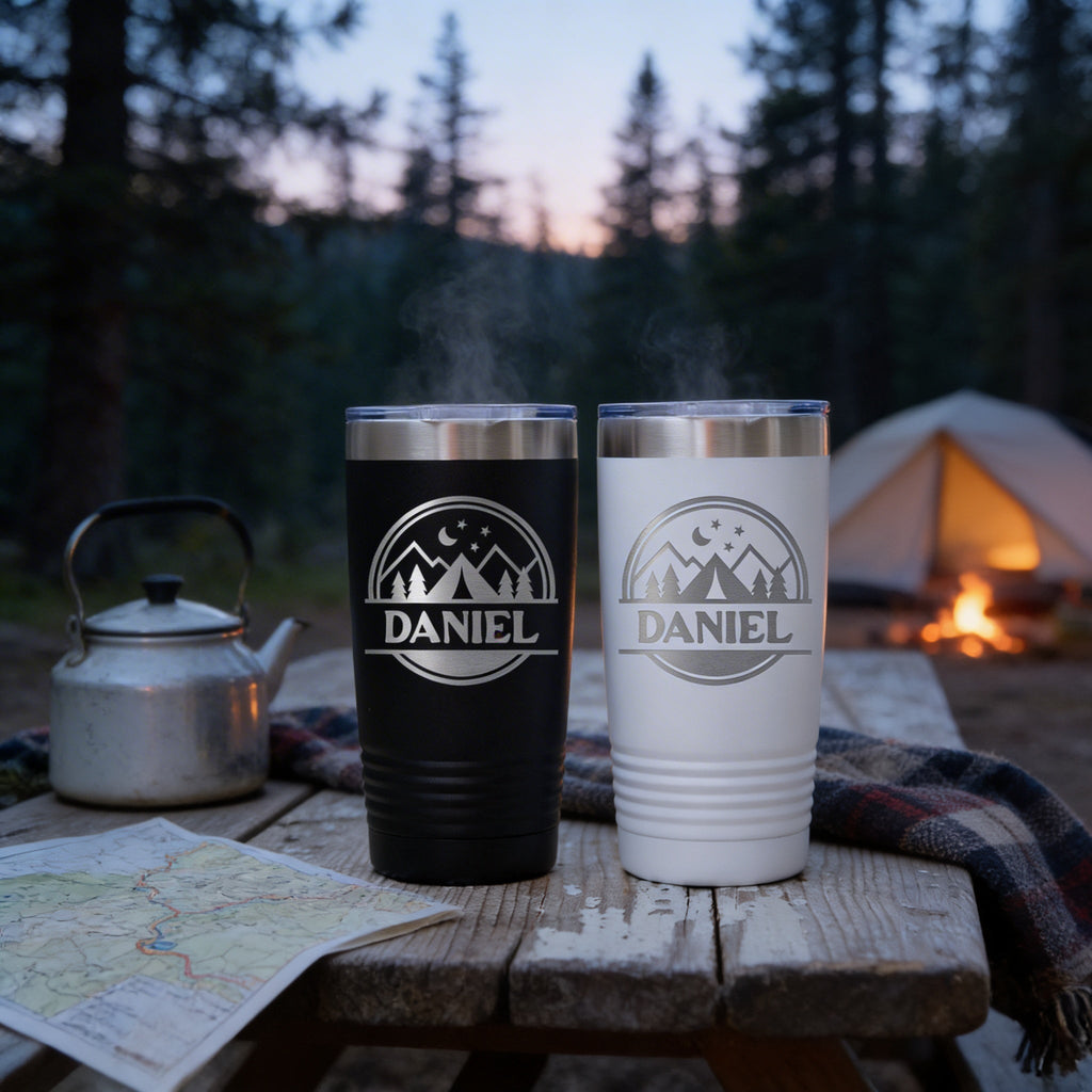 Insulated travel mug set: black and white tumblers with mountain stars logo and metal lids