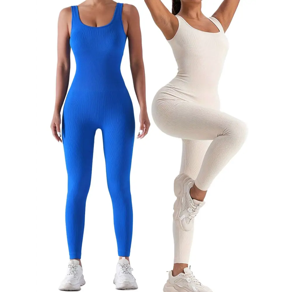 Blue and cream white ribbed sleeveless jumpsuits with scoop neck and fitted legs