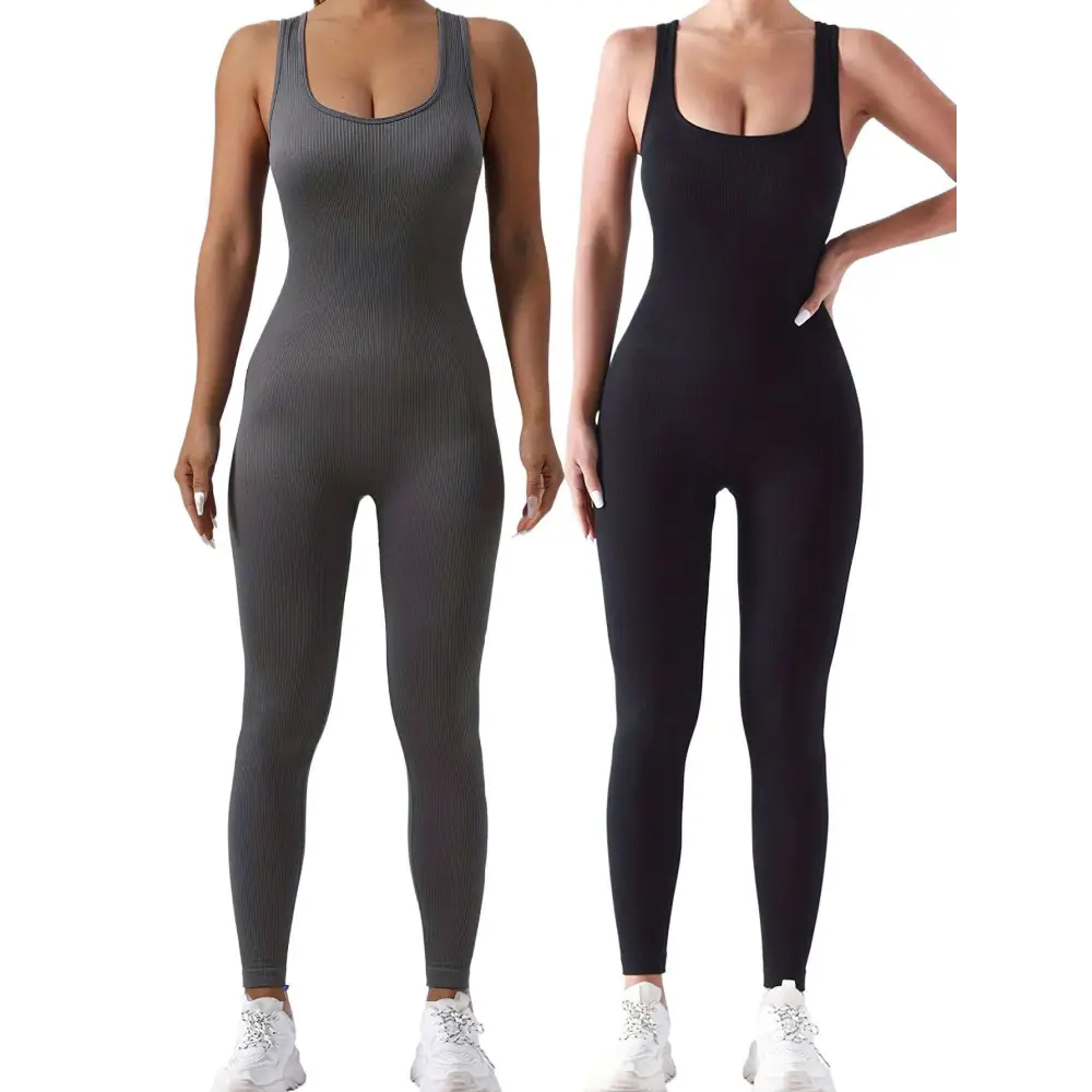 Ribbed solid jumpsuit set, dark gray and black sleeveless scoop neck with long legs.