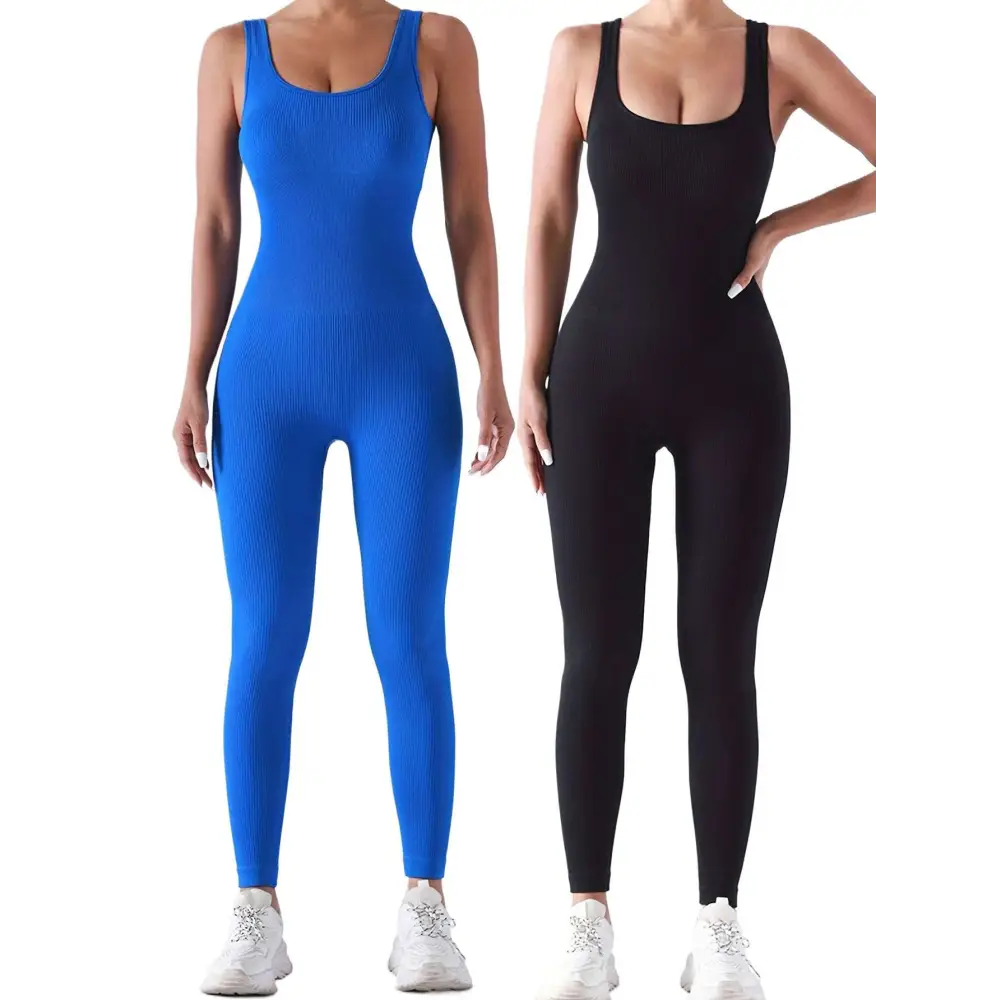 Ribbed solid jumpsuit set, bright blue and black sleeveless scoop neck with long legs.
