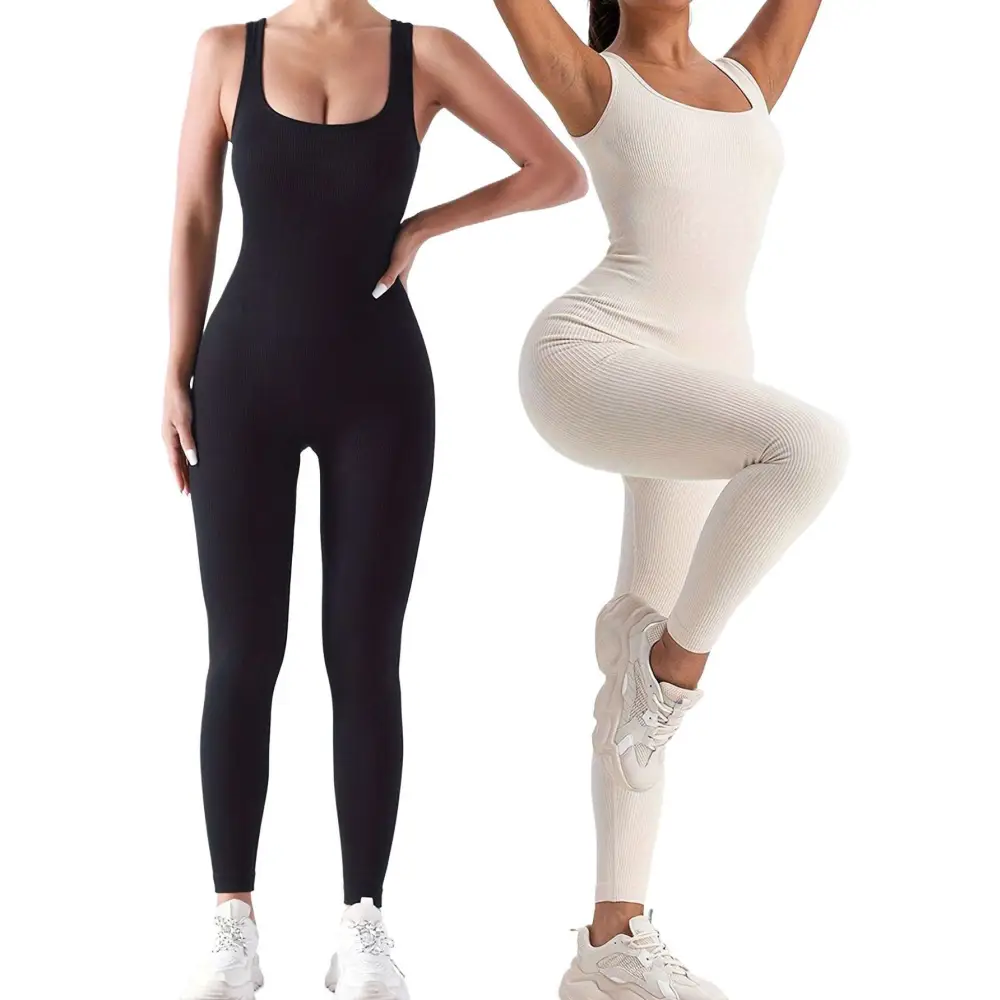 Ribbed solid jumpsuit set, black and cream sleeveless scoop neck with long fitted legs.