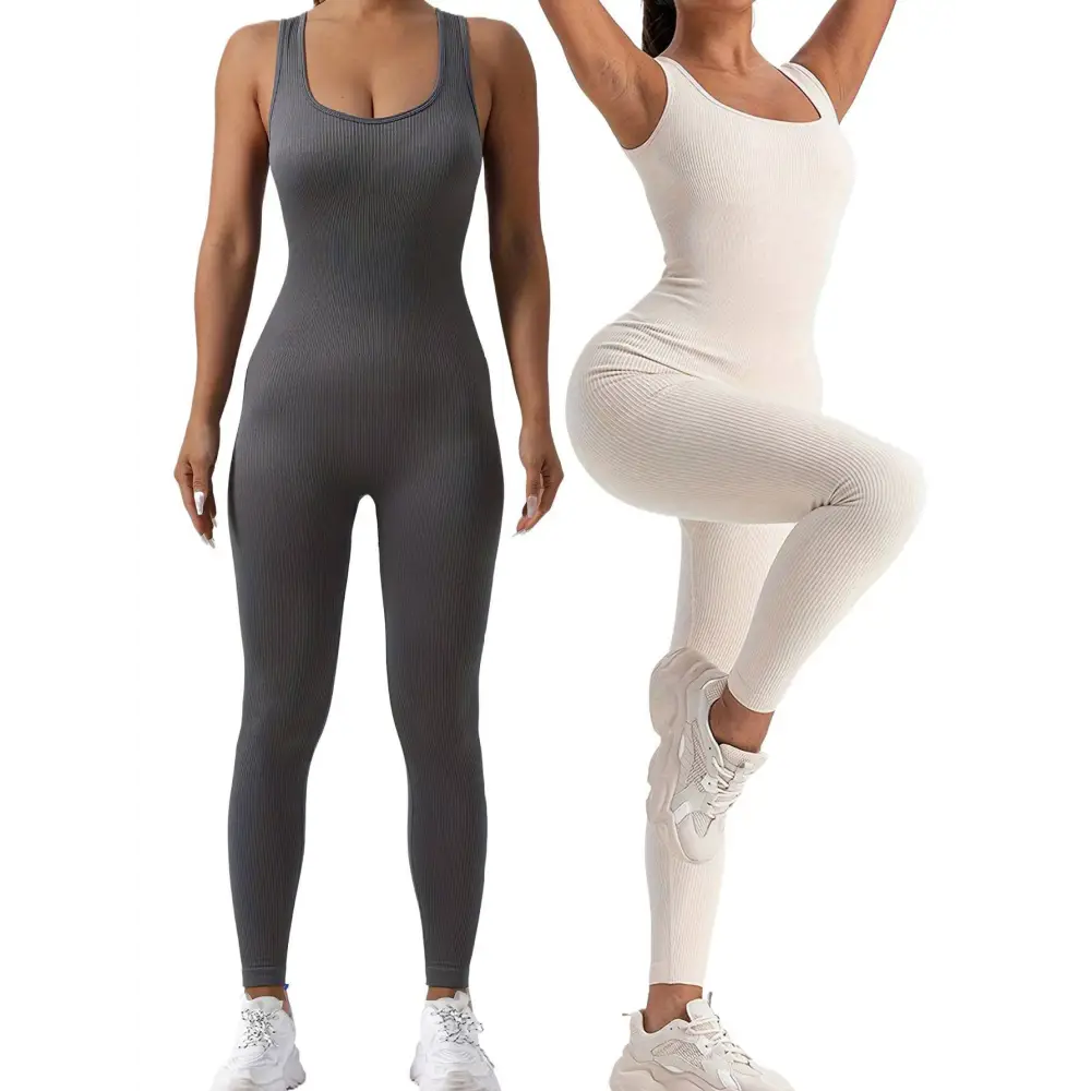 Ribbed solid jumpsuit set, dark gray and cream sleeveless scoop neck with long fitted legs.
