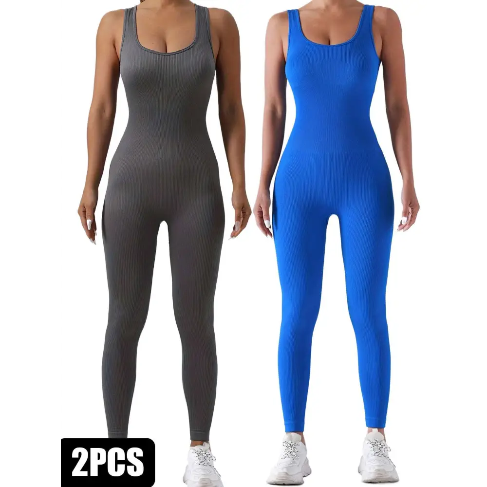 2 Pack Ribbed Solid Color Sport Casual Wear Jumpsuits