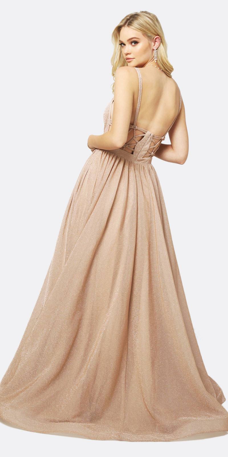 Champagne glitter A-line long dress with V neckline and wide A-line skirt