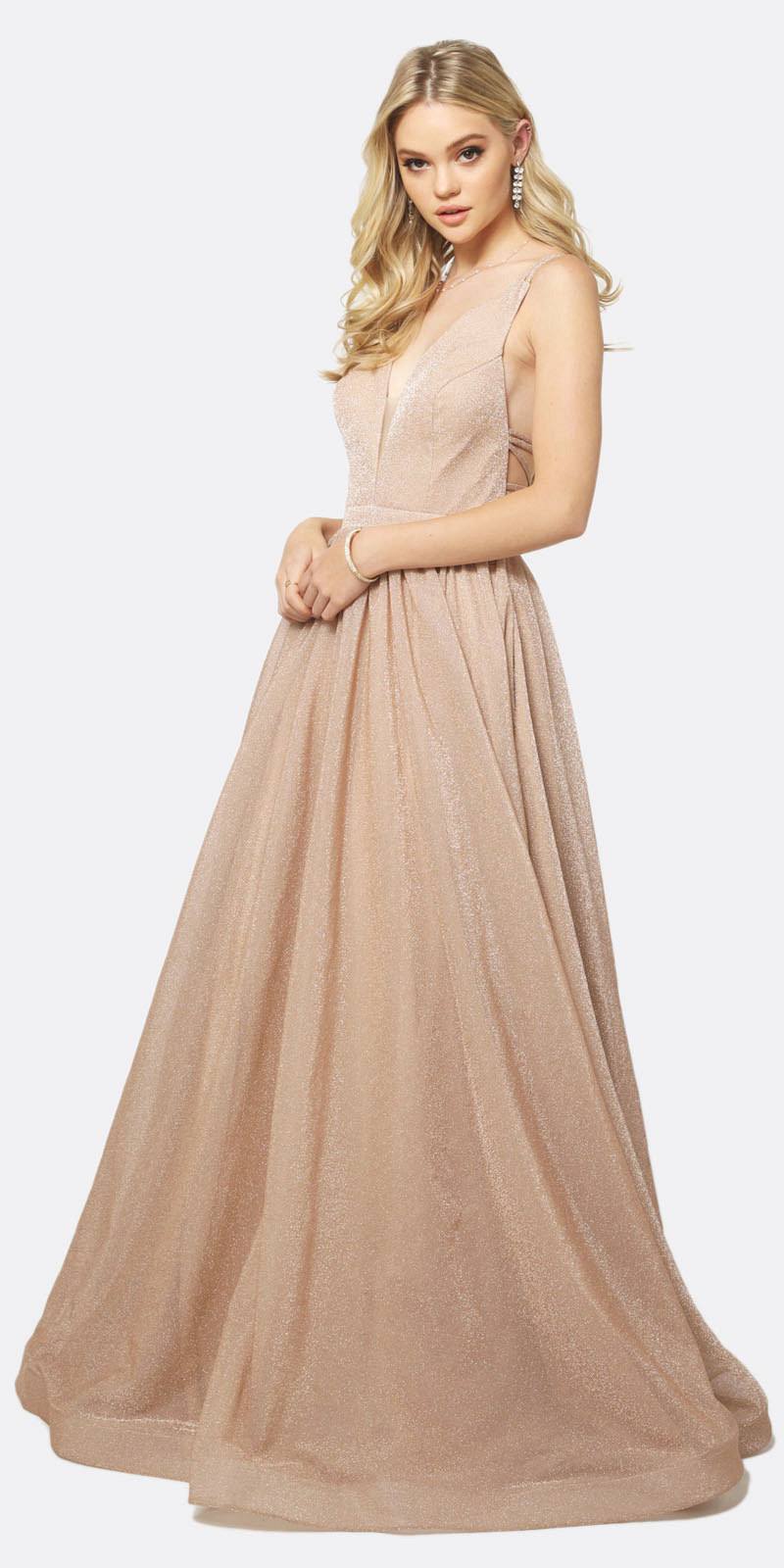 Champagne glitter A-line long dress with V neckline and gathered waist