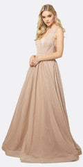 Champagne glitter A-line long dress with V neckline and gathered waist