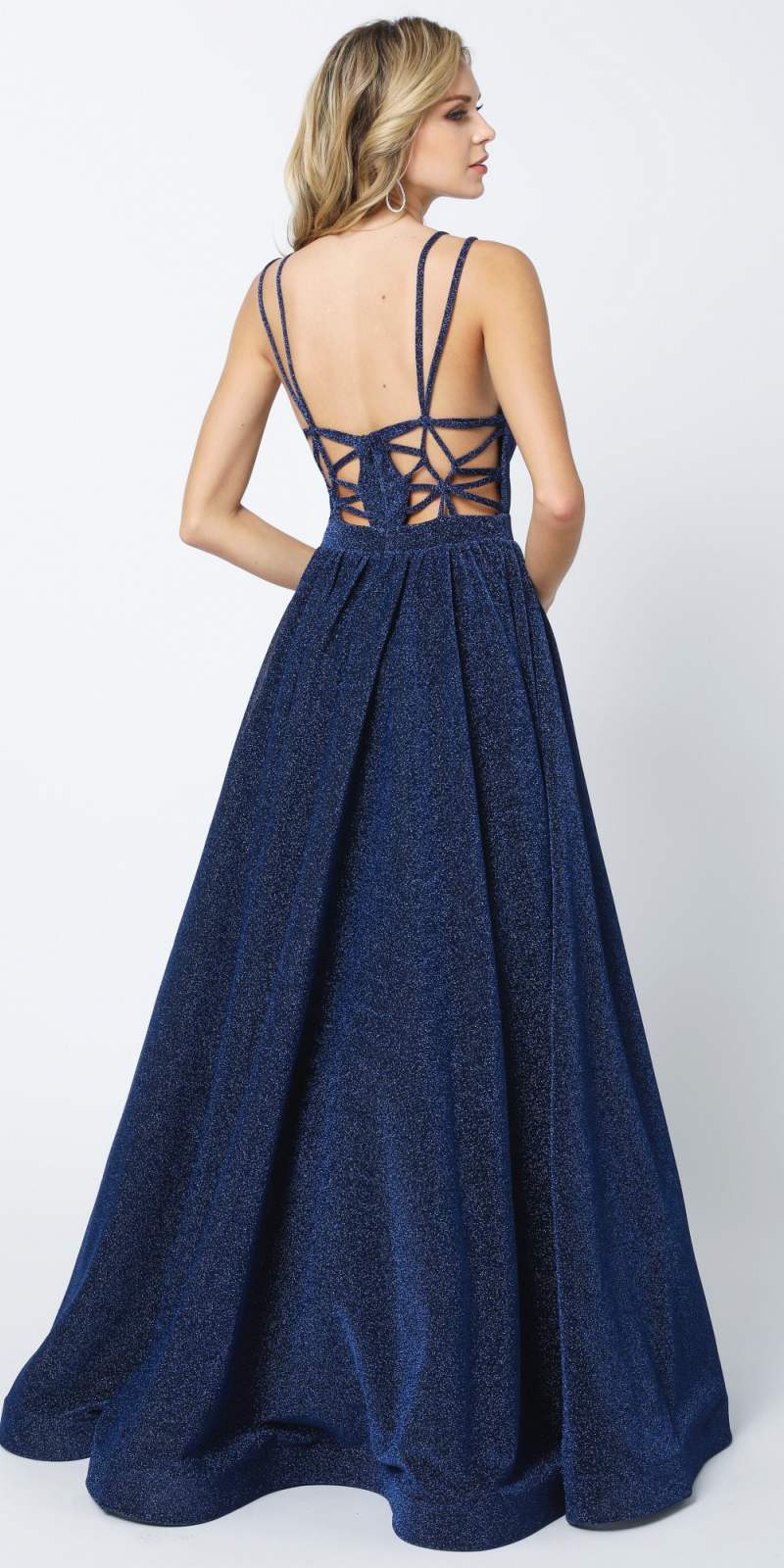Navy blue glitter A-line long dress, crisscross open back and V-neck