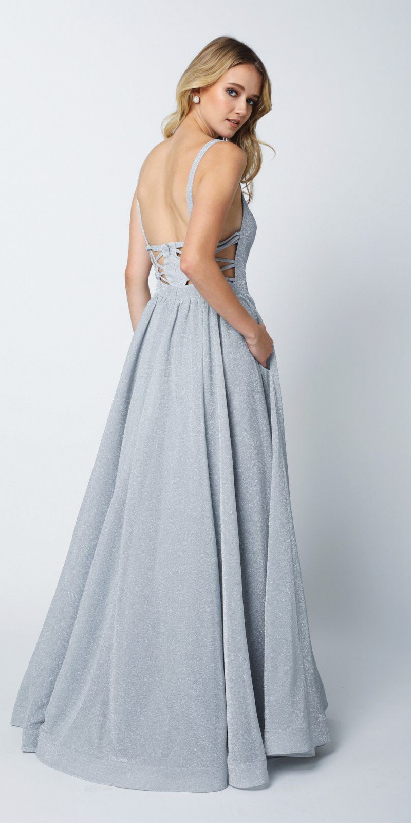 Silver glitter A-line long dress with V neckline and crisscross open back