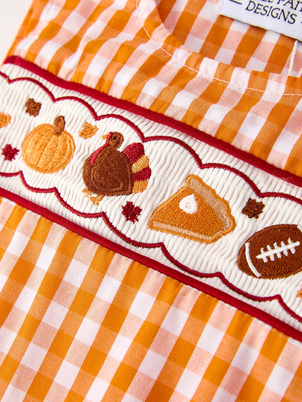 Fall Turkey Embroidered Romper for Baby Boys – Orange Checkered with Thanksgiving Details