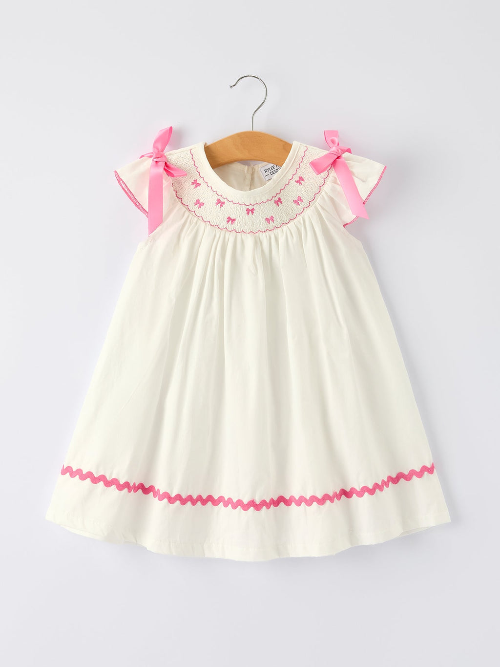 Spring White Girls Dress with Pink Bow Embroidery