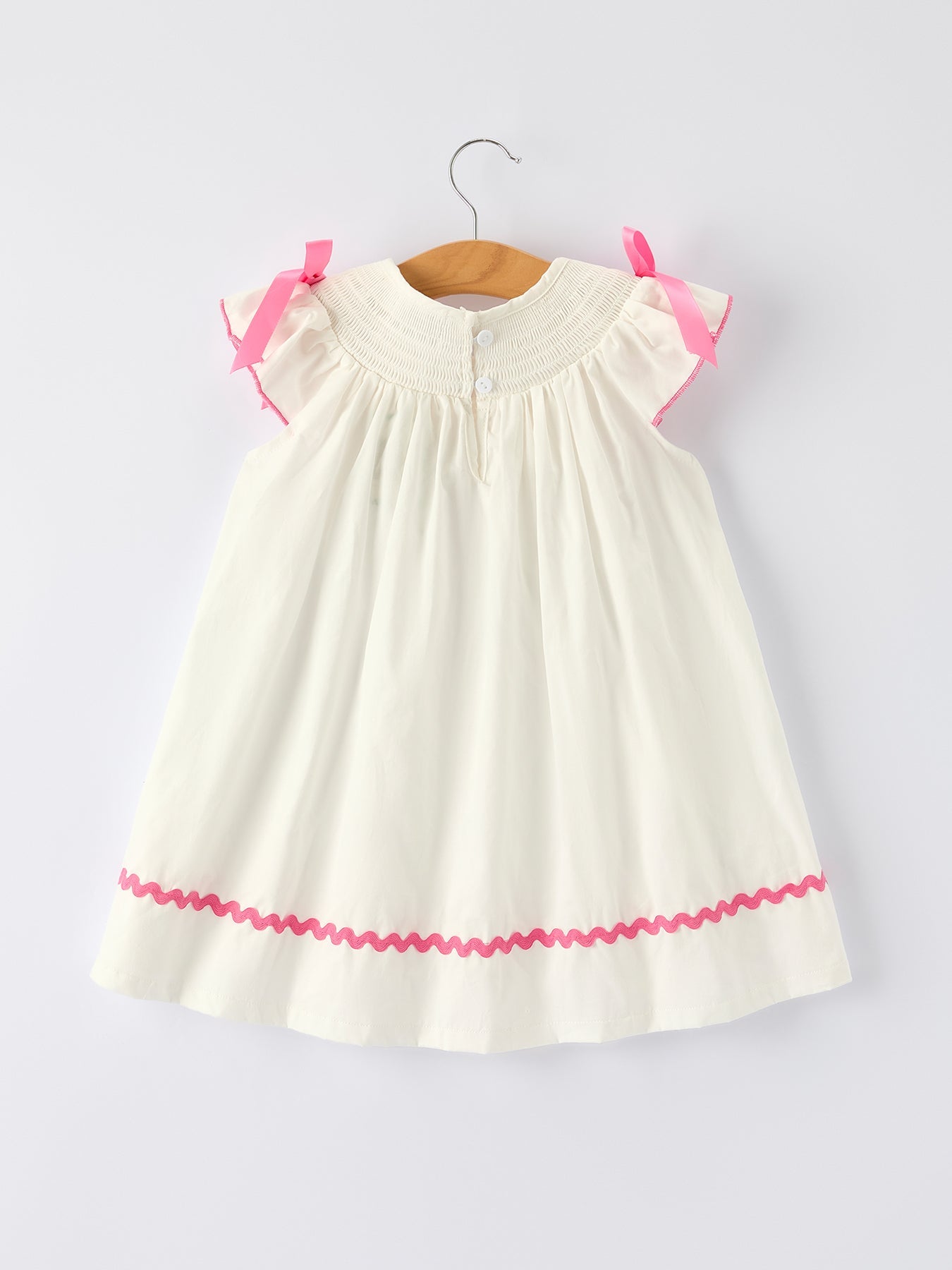 Spring White Girls Dress with Pink Bow Embroidery