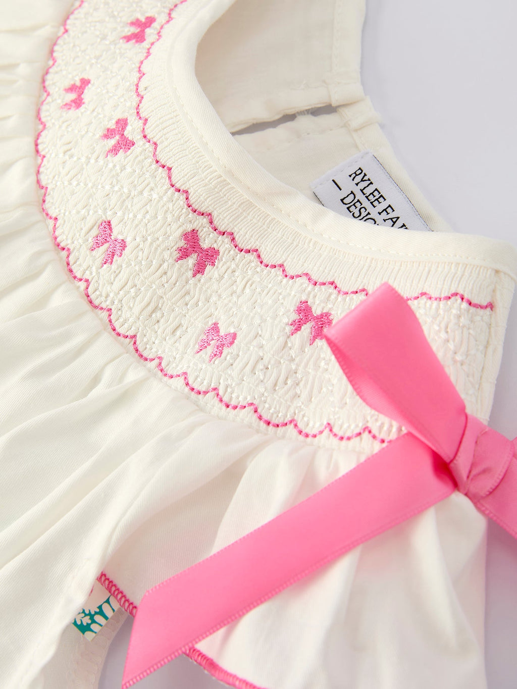 Spring White Girls Dress with Pink Bow Embroidery