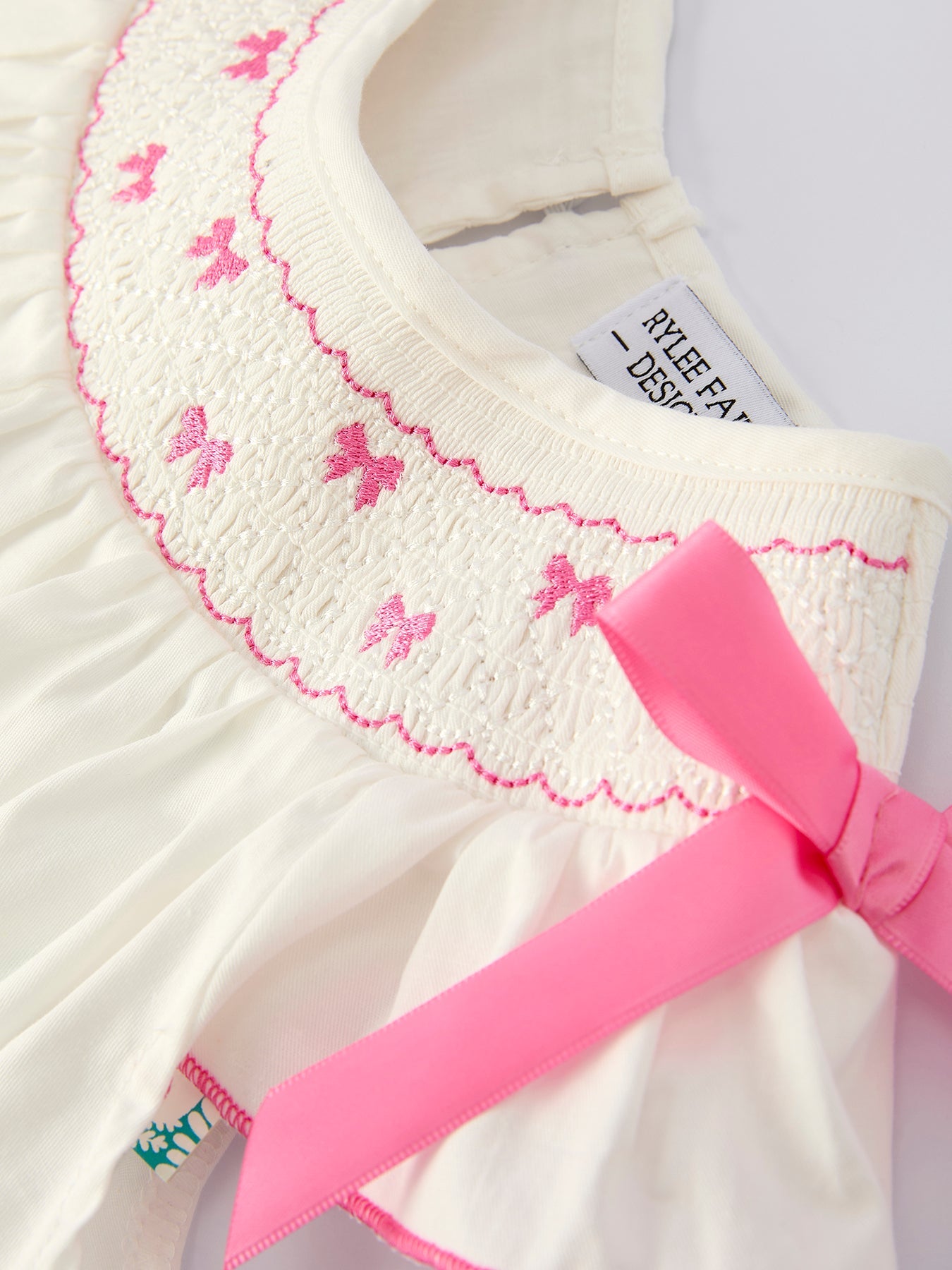 Spring White Girls Dress with Pink Bow Embroidery