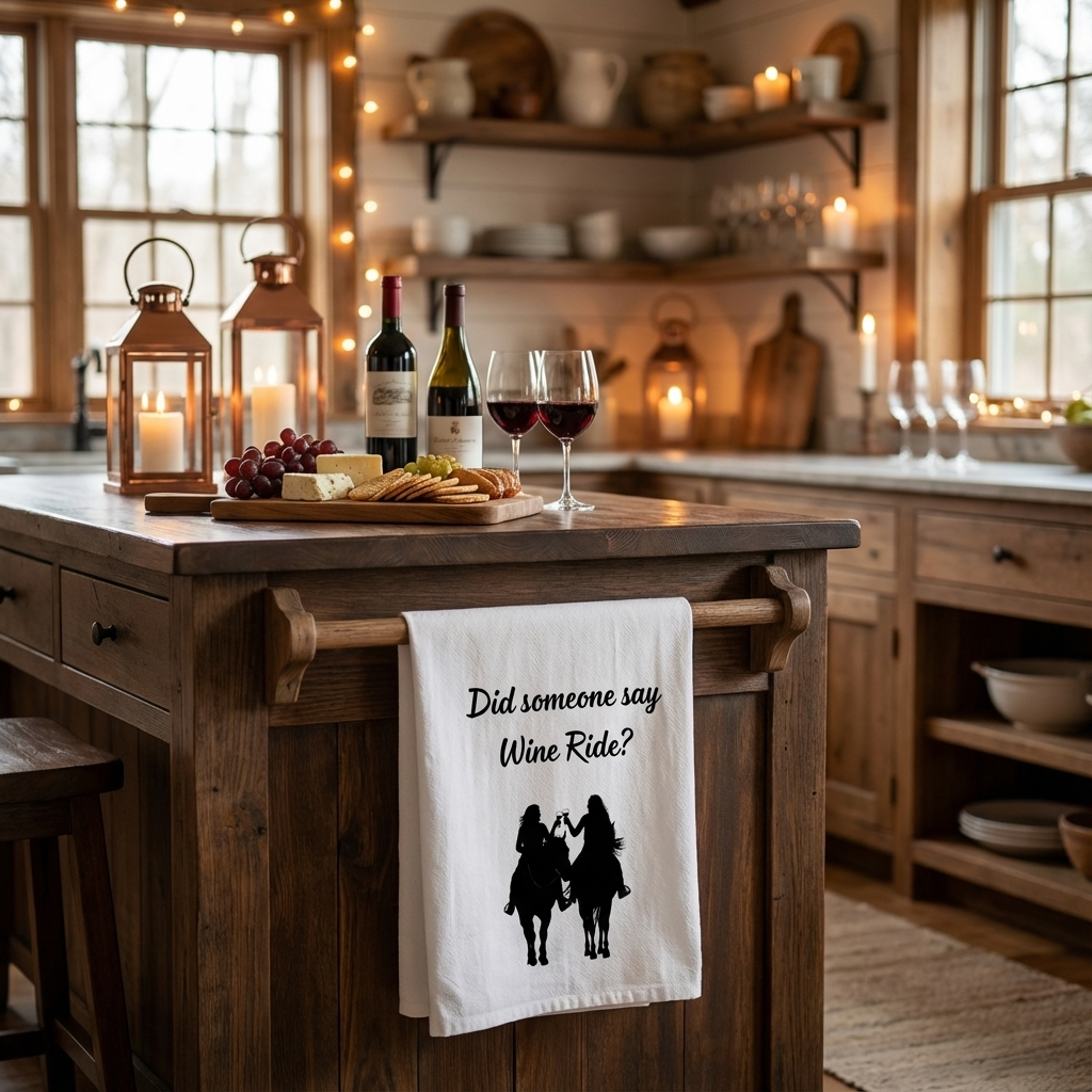 Wine-themed cowgirl tea towel on wooden counter, “Did someone say Wine Ride?” quote