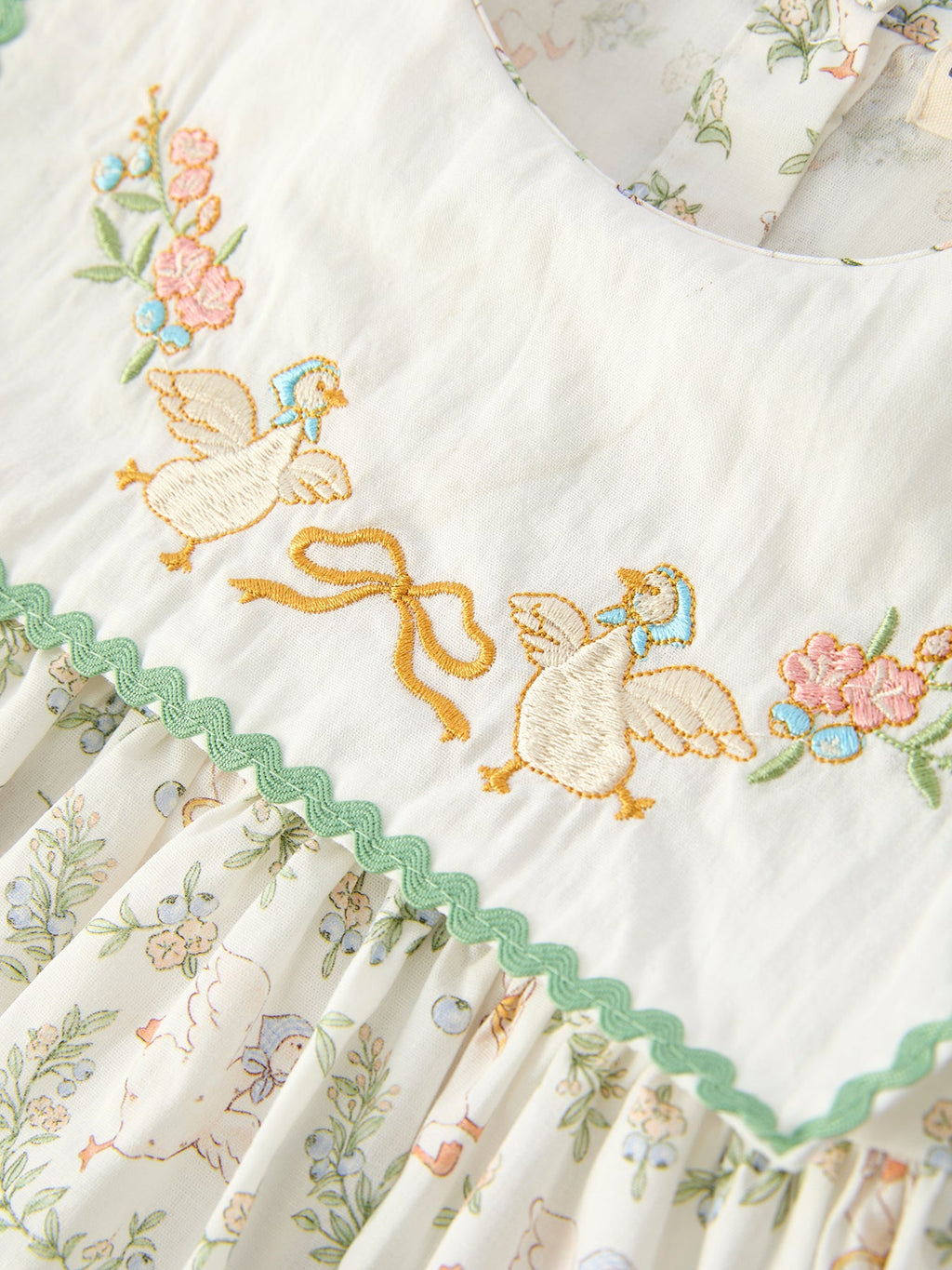 Vintage Floral Duck Embroidery Spring Girl Dress