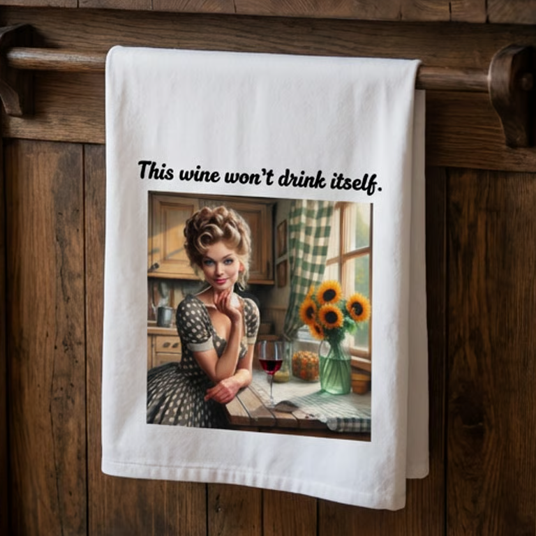 White wine tea towel with vintage portrait and quote "This wine won't drink itself".