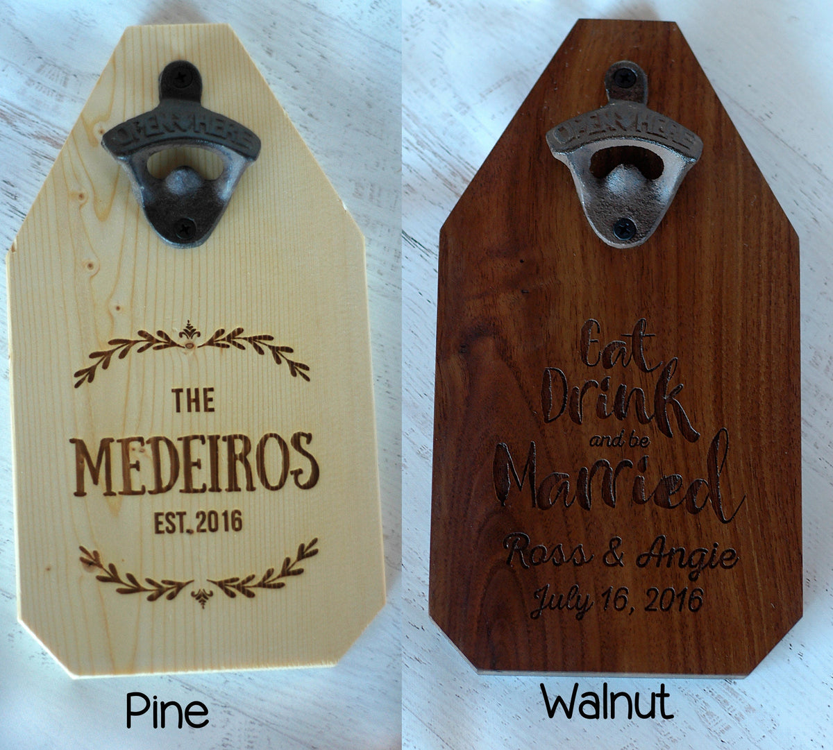 Pine and walnut wooden garage signs with bottle openers and custom lettering