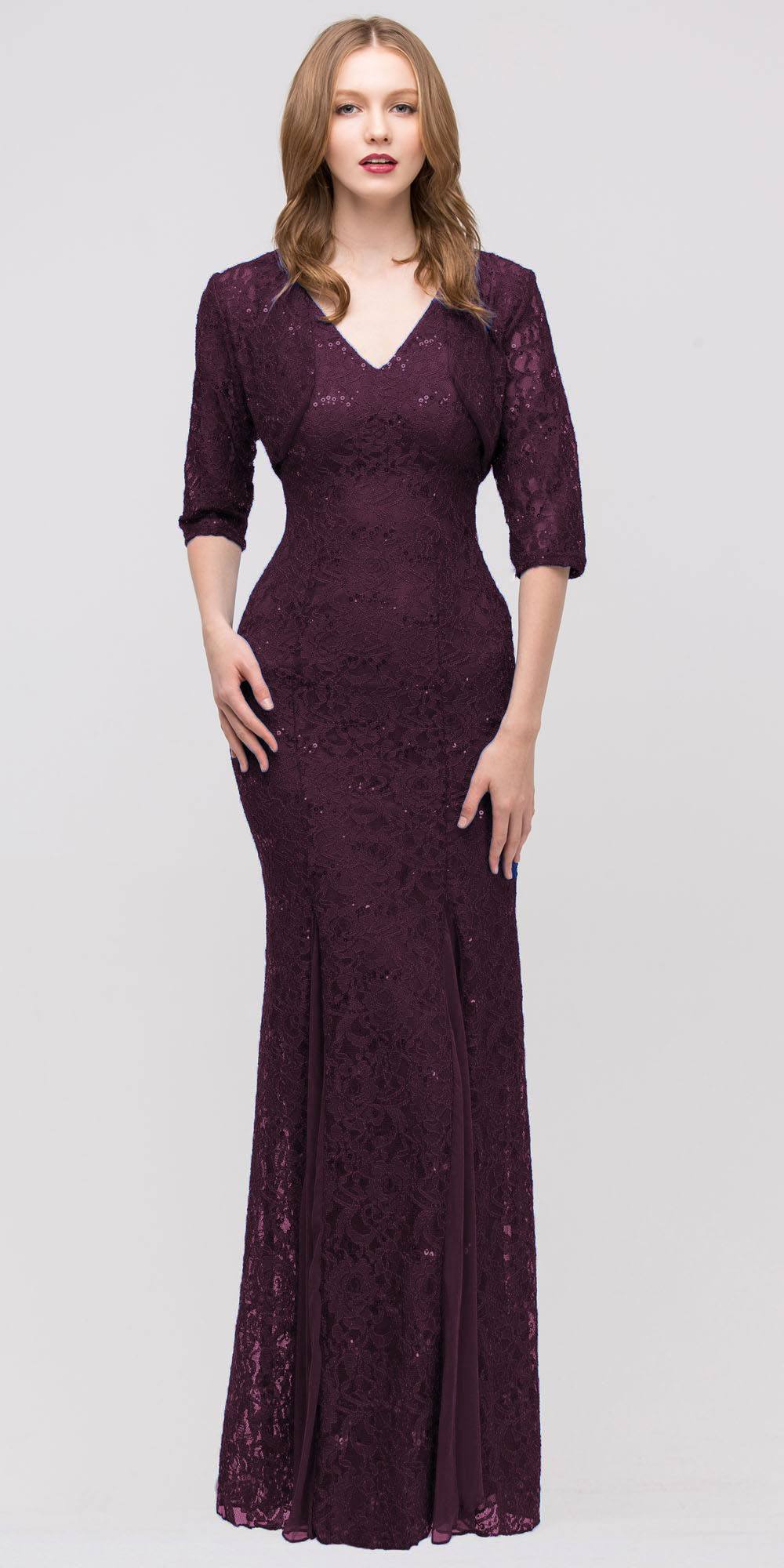 Plum lace V-neck long gown with 3/4 sleeves, fitted mermaid hem