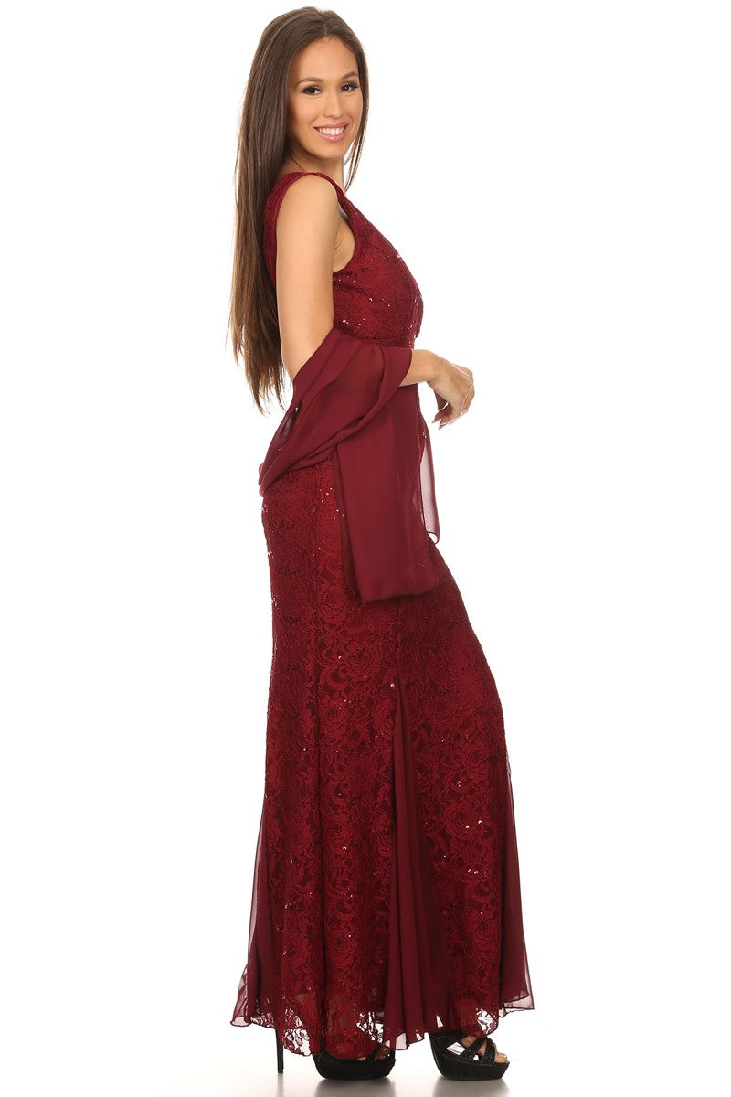 Plum lace long gown with matching draped jacket, sleeveless V-neck